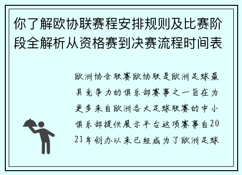 你了解欧协联赛程安排规则及比赛阶段全解析从资格赛到决赛流程时间表详解