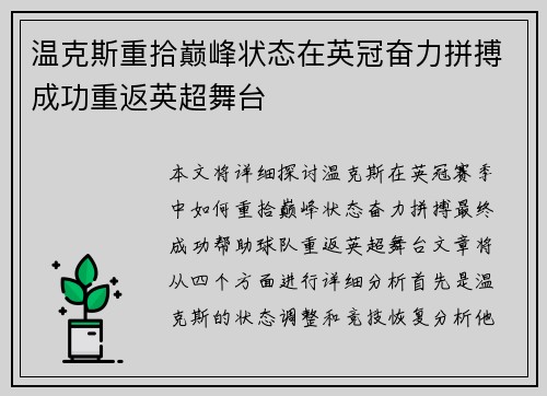 温克斯重拾巅峰状态在英冠奋力拼搏成功重返英超舞台